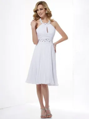 A-Line Chiffon Halter Sleeveless Knee-Length With Beading Bridesmaid Dresses