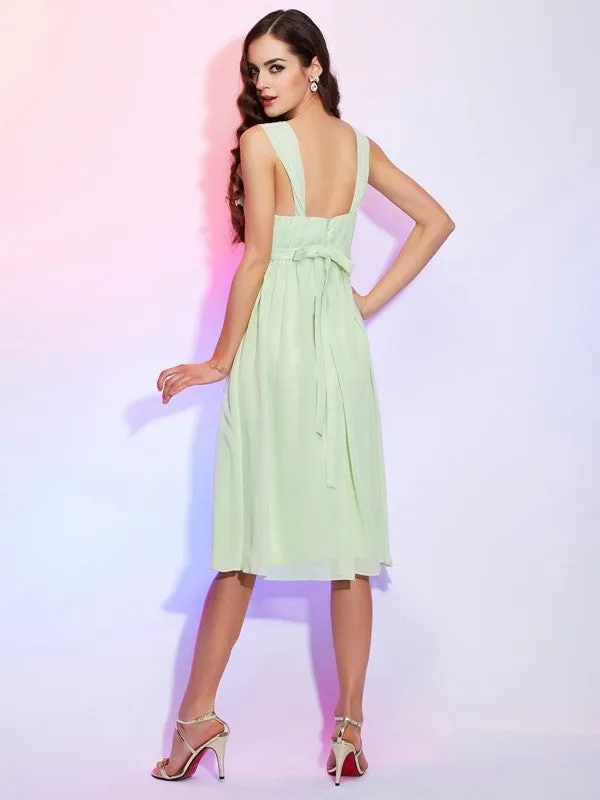 A-Line Chiffon Straps Sleeveless Knee-Length With Pleats Bridesmaid Dresses