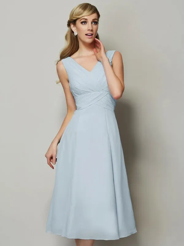 A-Line Chiffon V-neck Sleeveless Tea-Length With Pleats Bridesmaid Dresses