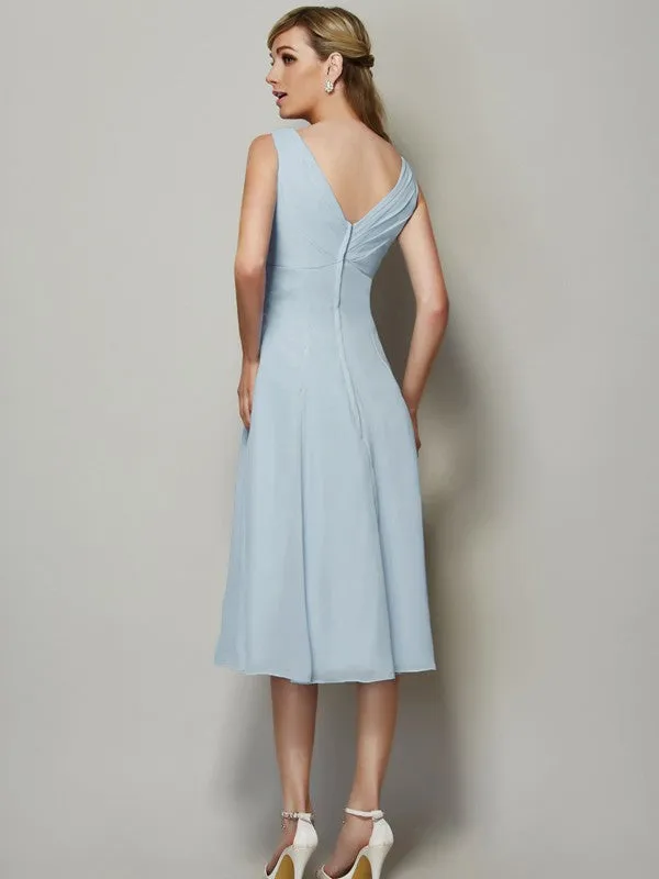A-Line Chiffon V-neck Sleeveless Tea-Length With Pleats Bridesmaid Dresses