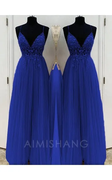 A-Line Elegant Beading Tulle Spaghetti Straps Sleeveless Floor-Length Prom Dresses