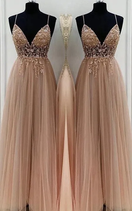 A-Line Elegant Beading Tulle Spaghetti Straps Sleeveless Floor-Length Prom Dresses