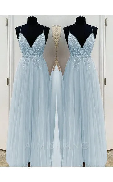 A-Line Elegant Beading Tulle Spaghetti Straps Sleeveless Floor-Length Prom Dresses