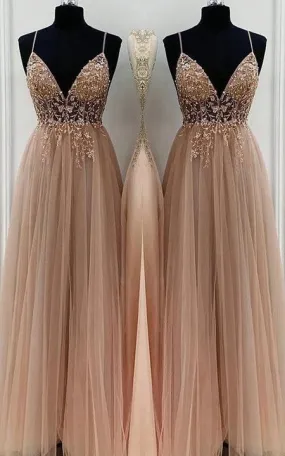 A-Line Elegant Beading Tulle Spaghetti Straps Sleeveless Floor-Length Prom Dresses