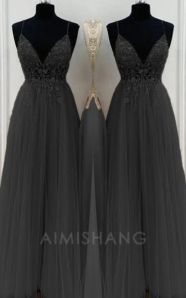 A-Line Elegant Beading Tulle Spaghetti Straps Sleeveless Floor-Length Prom Dresses