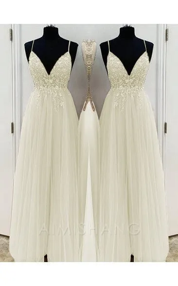 A-Line Elegant Beading Tulle Spaghetti Straps Sleeveless Floor-Length Prom Dresses