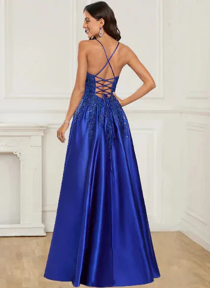 A-Line Prom Dresses Sleeveless Straps Floor-Length Applique Satin