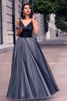 A-Line Prom Dresses V-Neck Sleeveless Tulle Backless Floor Length Evening