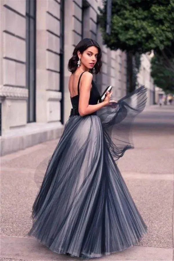 A-Line Prom Dresses V-Neck Sleeveless Tulle Backless Floor Length Evening