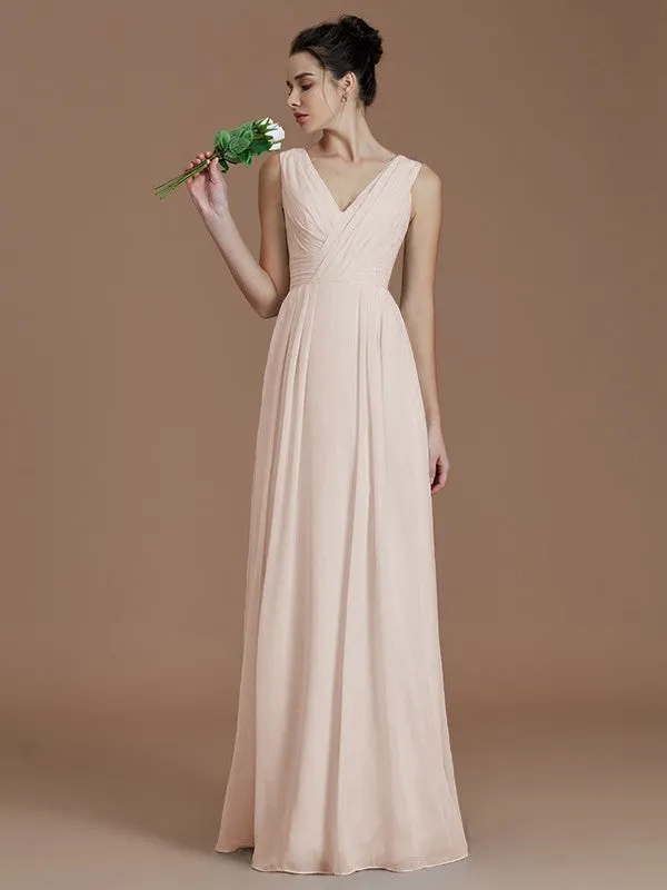 A-Line V-neck Sleeveless With Ruched Floor-Length Chiffon Bridesmaid Dresses