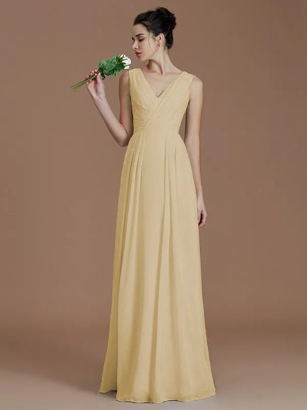 A-Line V-neck Sleeveless With Ruched Floor-Length Chiffon Bridesmaid Dresses