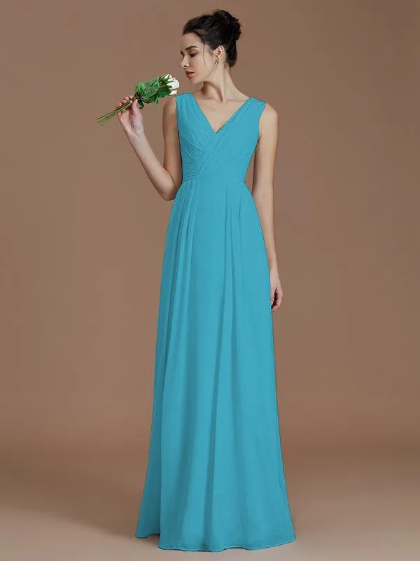 A-Line V-neck Sleeveless With Ruched Floor-Length Chiffon Bridesmaid Dresses