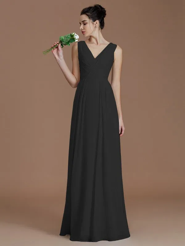 A-Line V-neck Sleeveless With Ruched Floor-Length Chiffon Bridesmaid Dresses