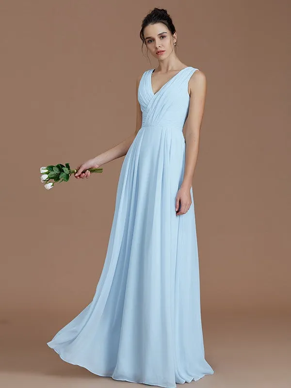 A-Line V-neck Sleeveless With Ruched Floor-Length Chiffon Bridesmaid Dresses