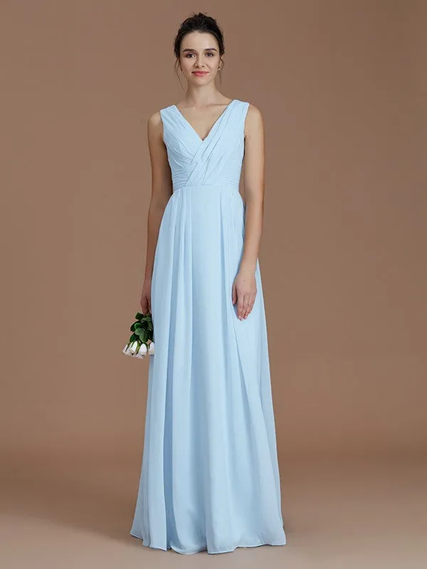 A-Line V-neck Sleeveless With Ruched Floor-Length Chiffon Bridesmaid Dresses