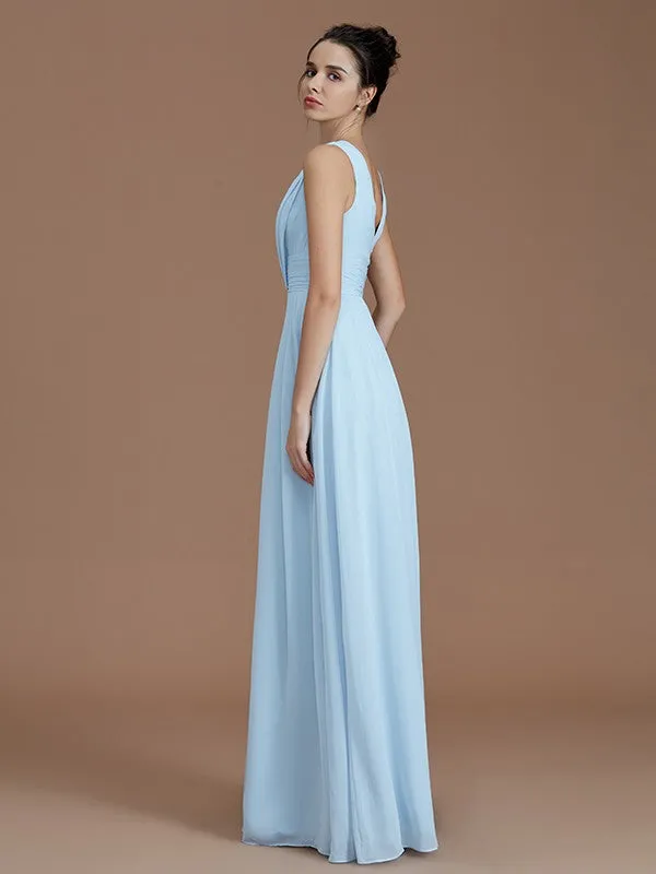 A-Line V-neck Sleeveless With Ruched Floor-Length Chiffon Bridesmaid Dresses