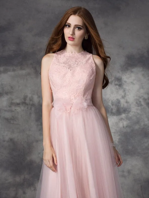 A-line/Princess Bateau Hand-Made Flower Sleeveless Long Net Dresses
