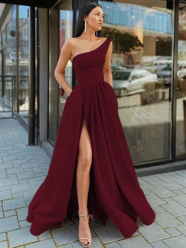 A-Line/Princess Satin Ruffles One-Shoulder Sleeveless Floor-Length Prom Dresses