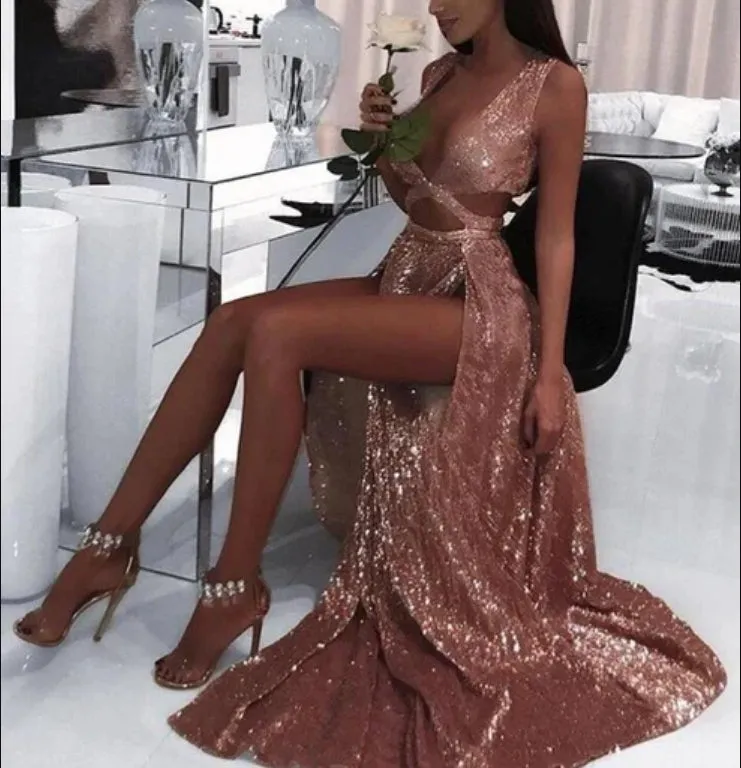A-Line/Princess Sleeveless V-neck Floor-Length Ruffles Sequins Dresses Sexy Evening Dress