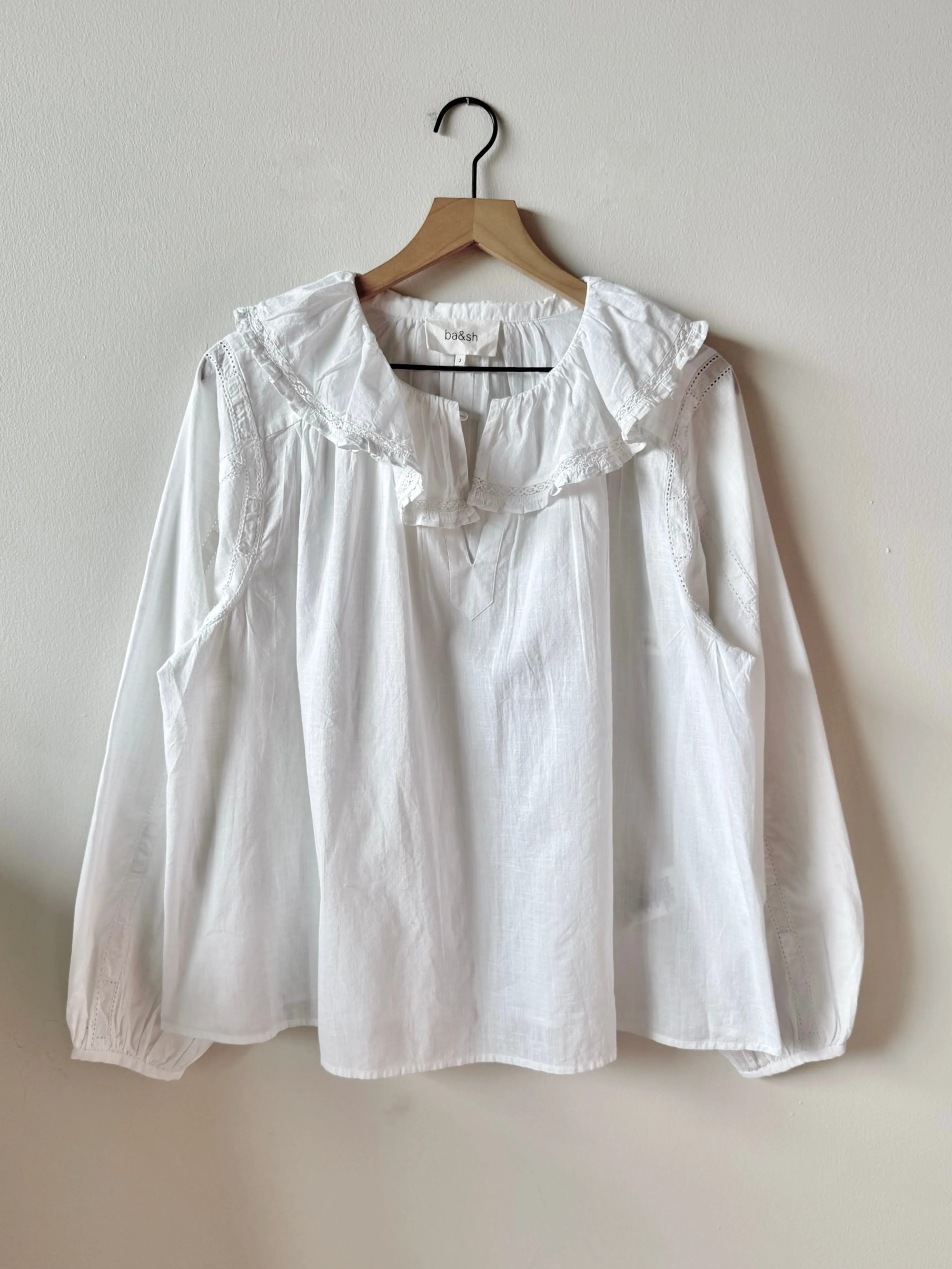BA&SH White Organic Cotton Ruffle Collar Blouse (S)
