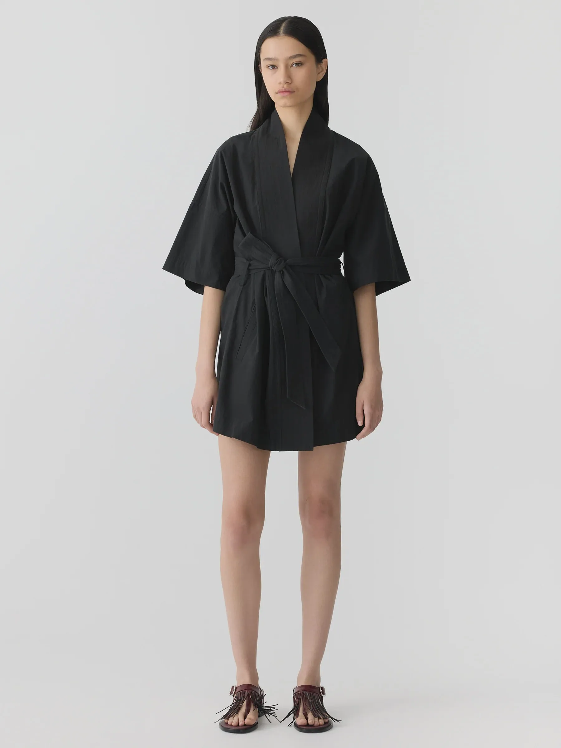 Bassike Crushed Cotton Wrap Dress in Black