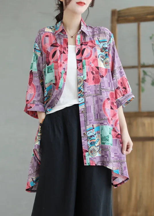 Boho Purple Print Low High Design Linen Long Shirts Summer LY7355
