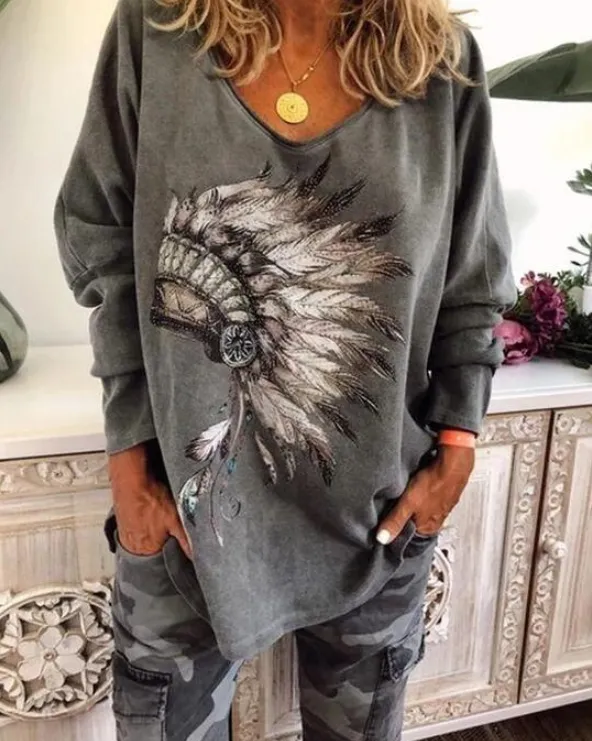 Casual Plus Long Sleeve Printed T Shirt Tops Tunic