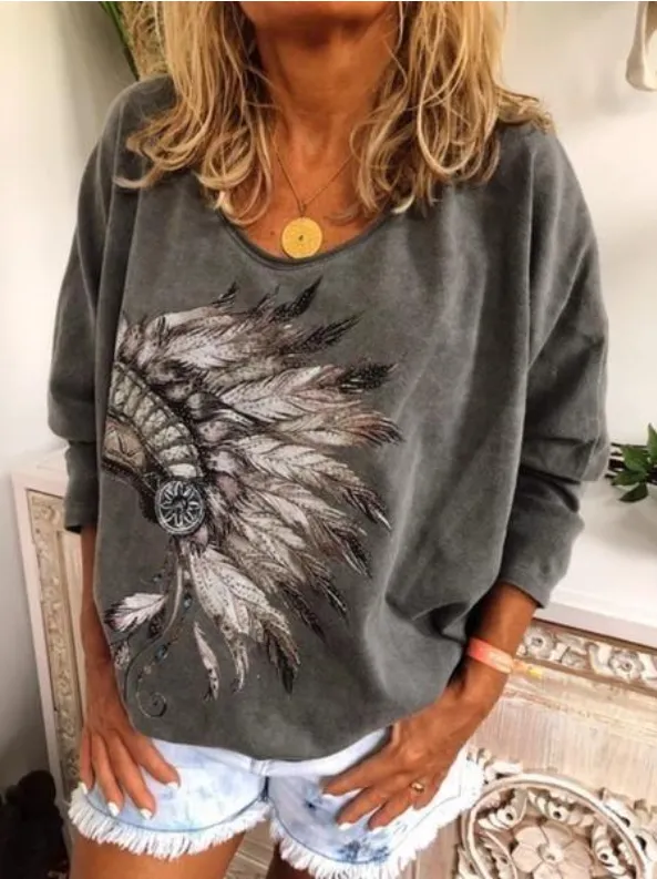 Casual Plus Long Sleeve Printed T Shirt Tops Tunic