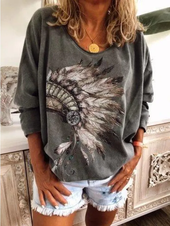 Casual Plus Long Sleeve Printed T Shirt Tops Tunic