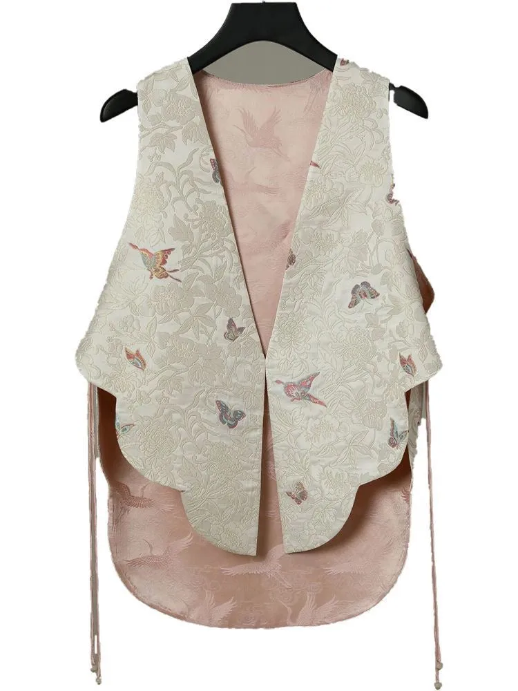 Elegant Butterfly and Bird Print Vest, White Floral Jacquard, Pink Lining, Sleeveless