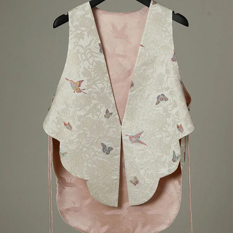 Elegant Butterfly and Bird Print Vest, White Floral Jacquard, Pink Lining, Sleeveless