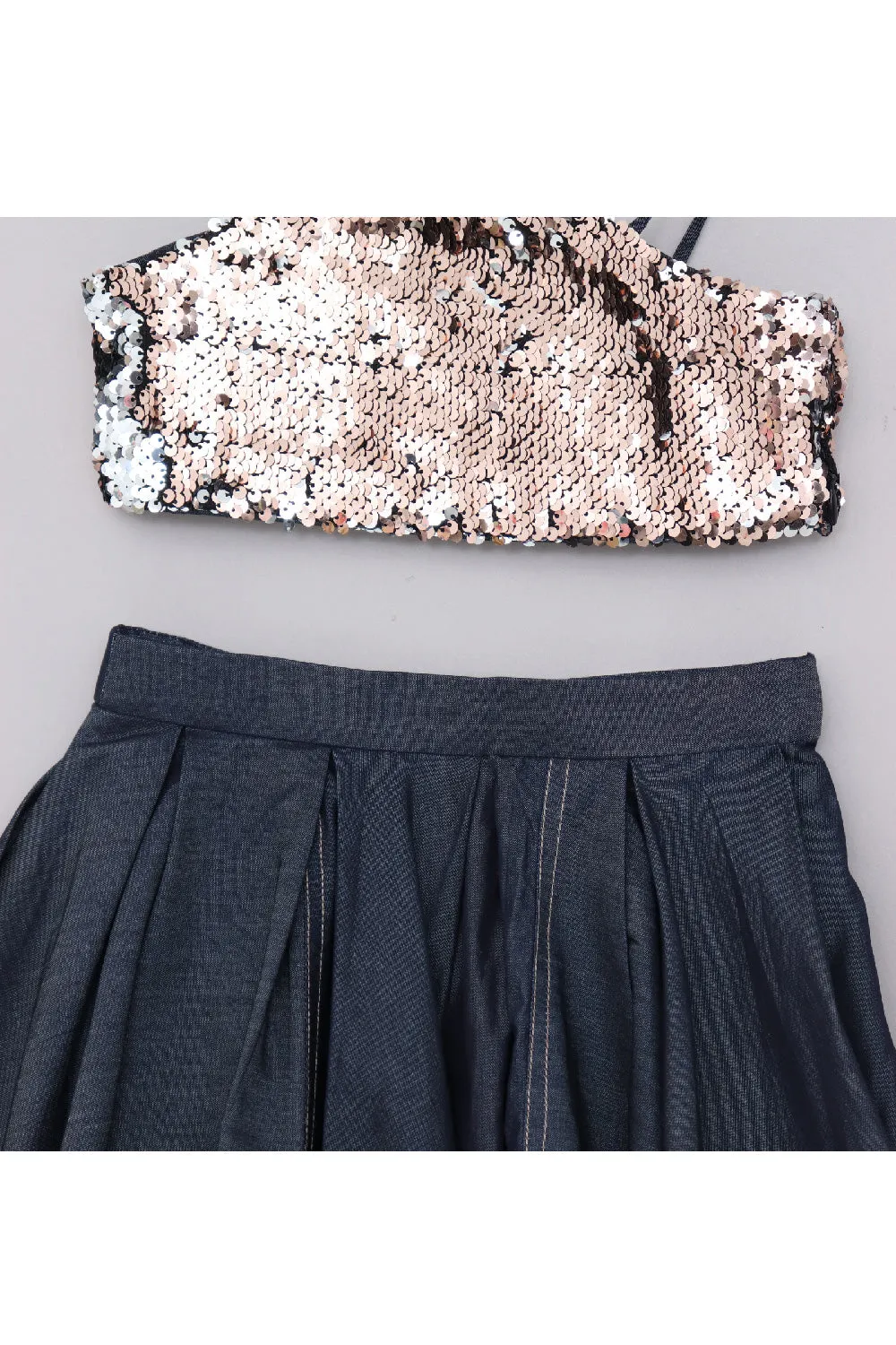 Golden Sequins Embroidered Sleeveless Top With Denim High Low Skirt