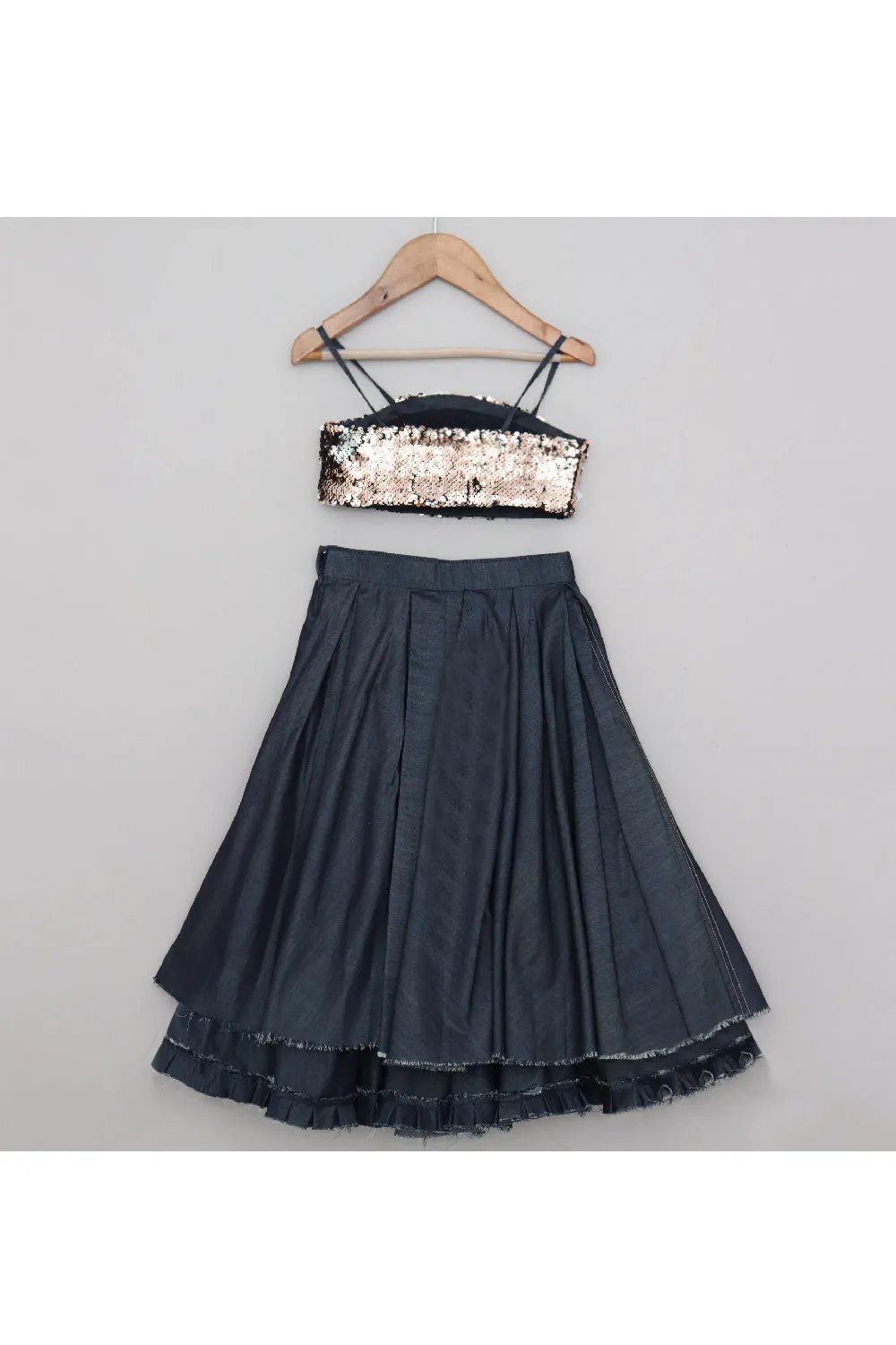 Golden Sequins Embroidered Sleeveless Top With Denim High Low Skirt