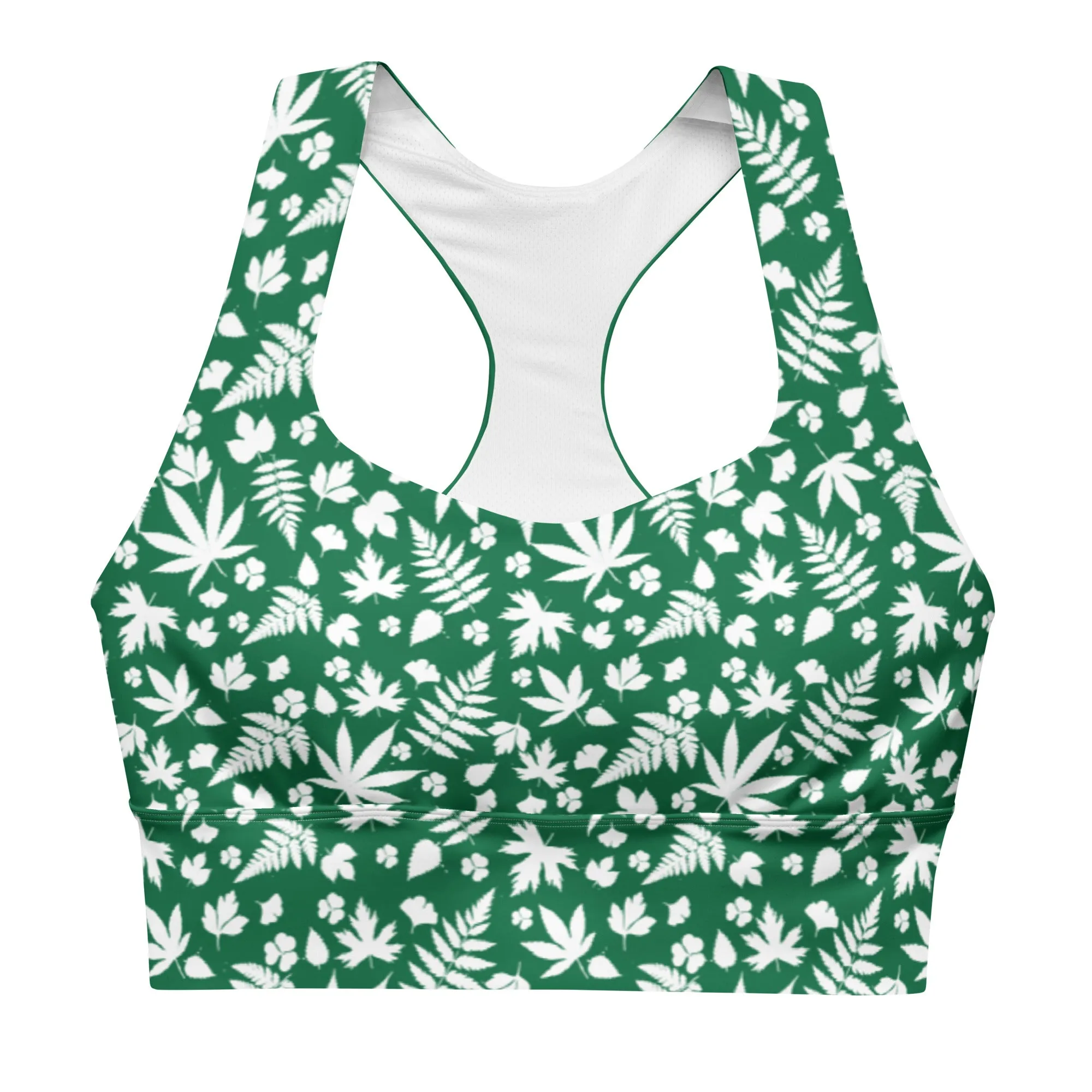 Jewel And  White Cannabis Longline Sports Bra