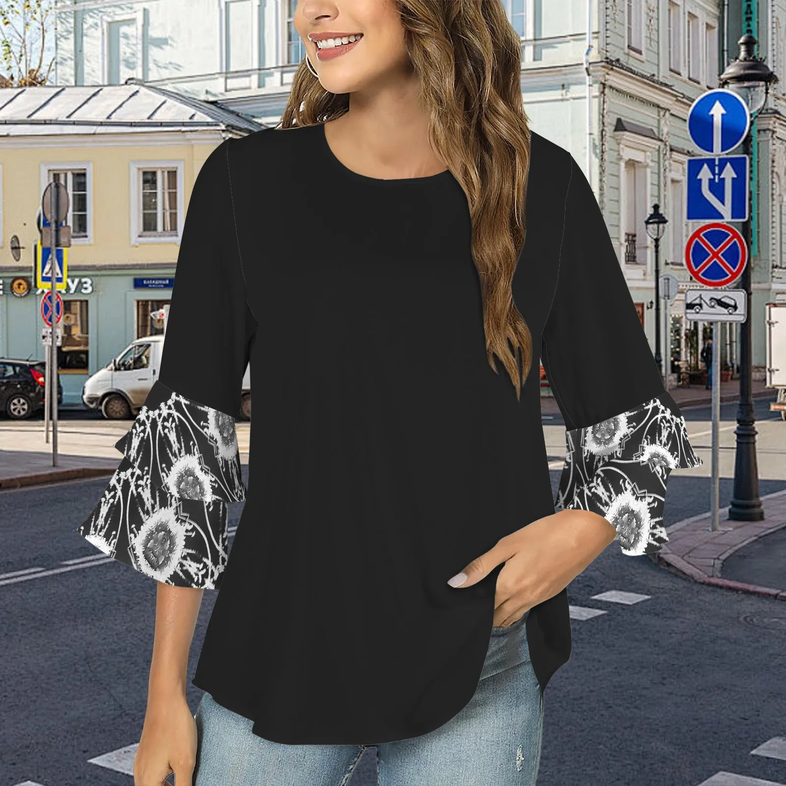 Layered Flare Sleeve Blouse Black and White Flower