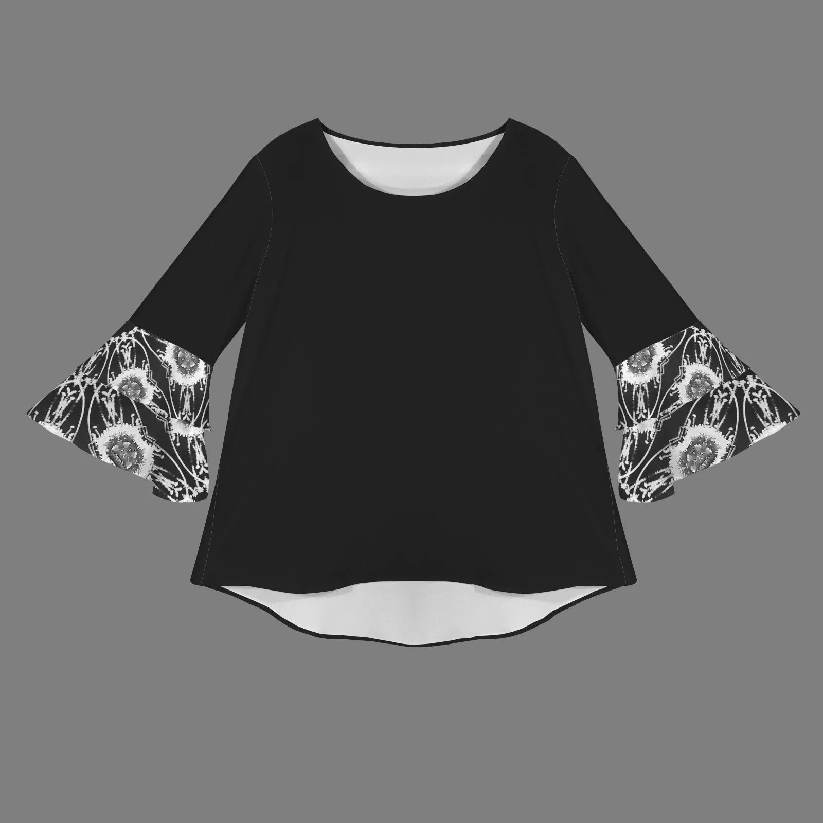 Layered Flare Sleeve Blouse Black and White Flower