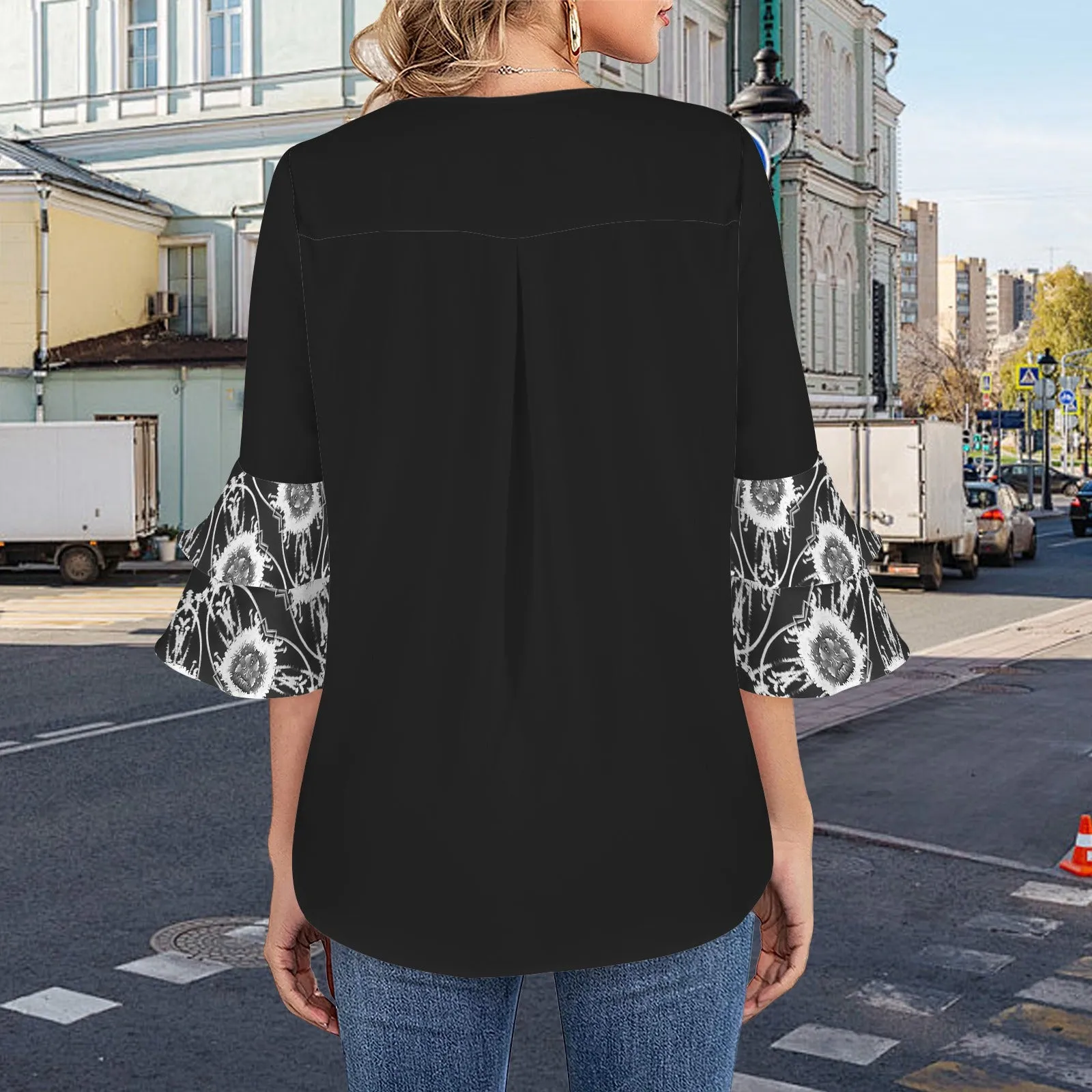 Layered Flare Sleeve Blouse Black and White Flower