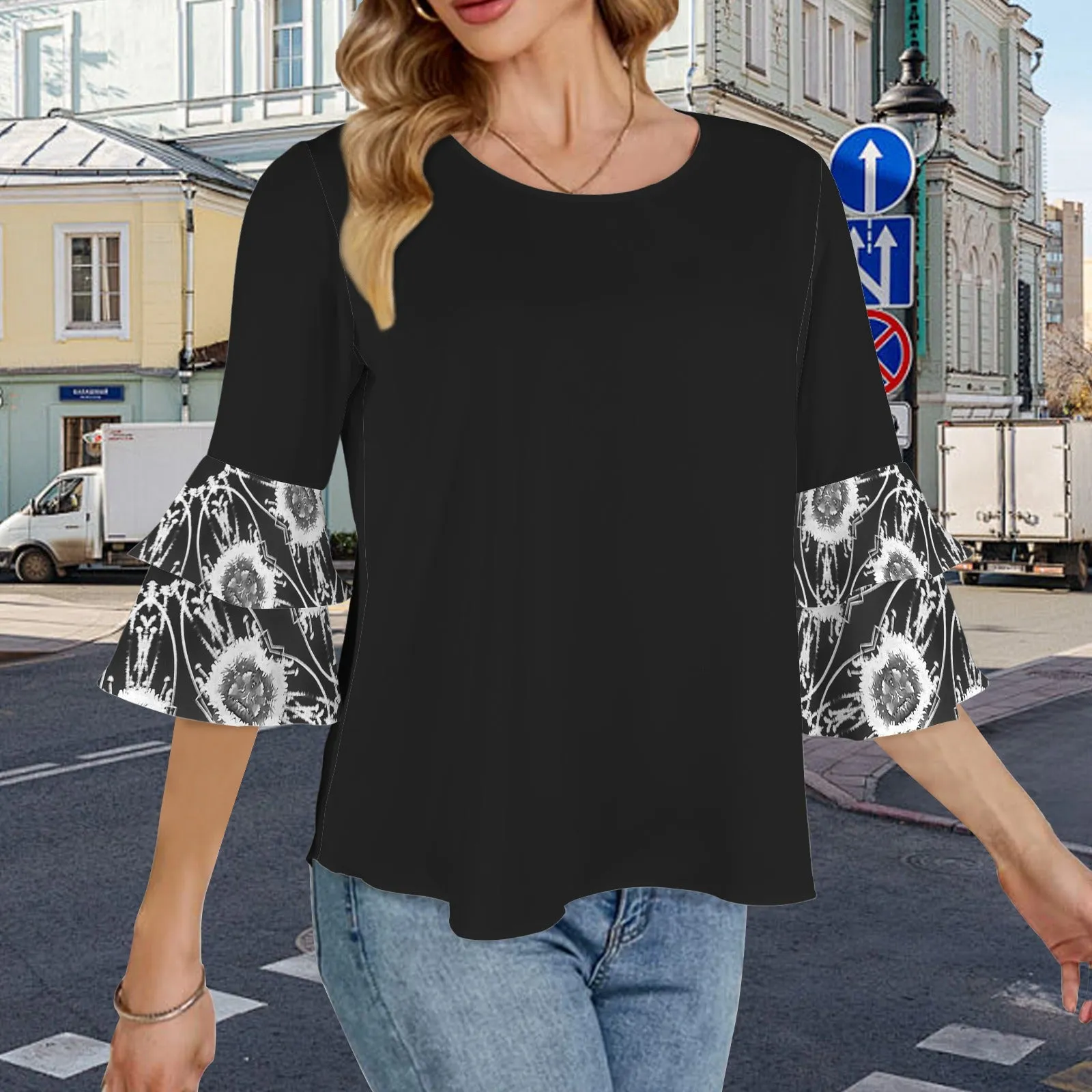 Layered Flare Sleeve Blouse Black and White Flower