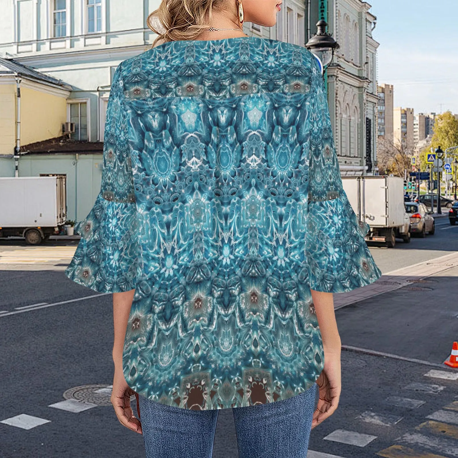 Layered Flare Sleeve Blouse Blue Glass Ombre
