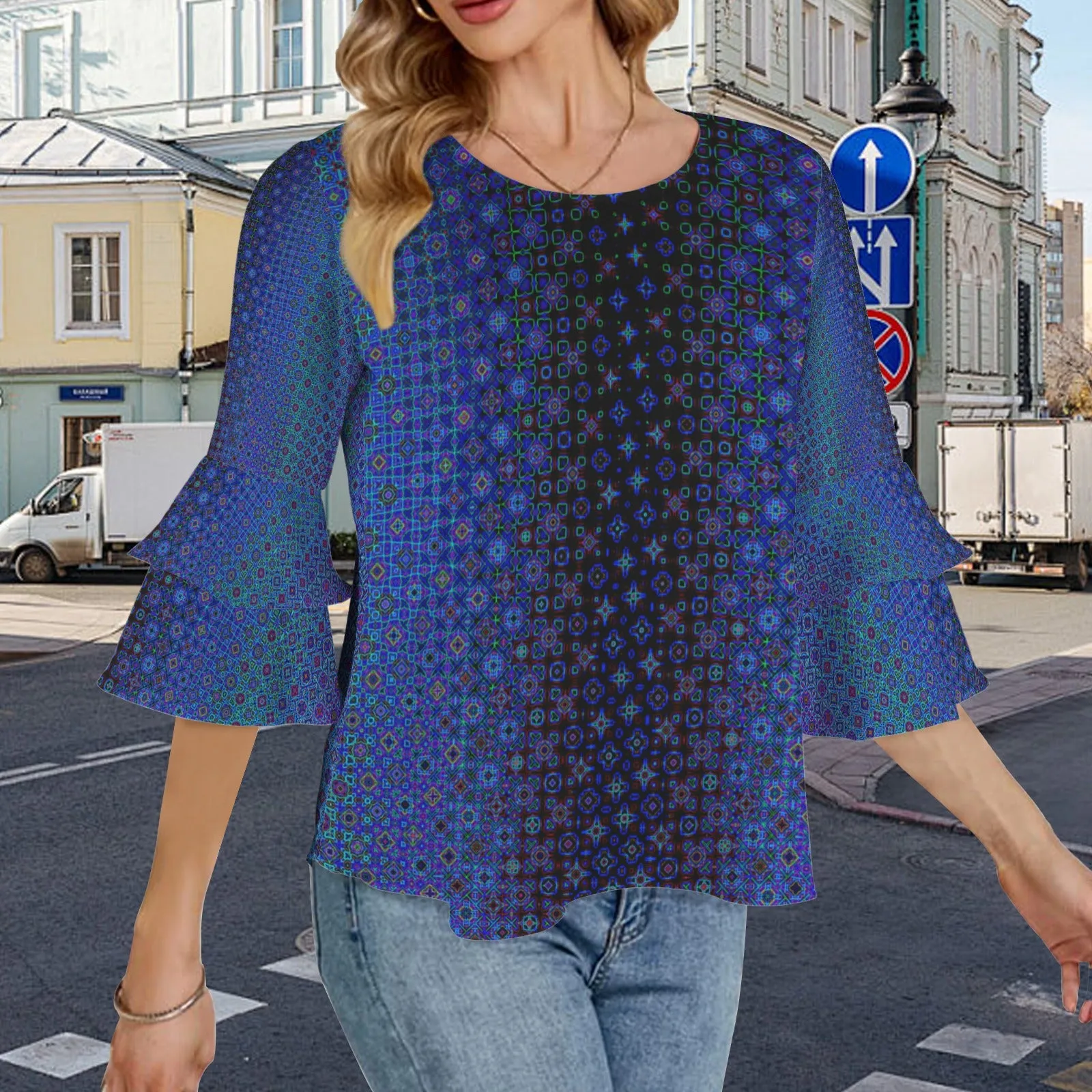 Layered Flare Sleeve Blouse Blue Lights