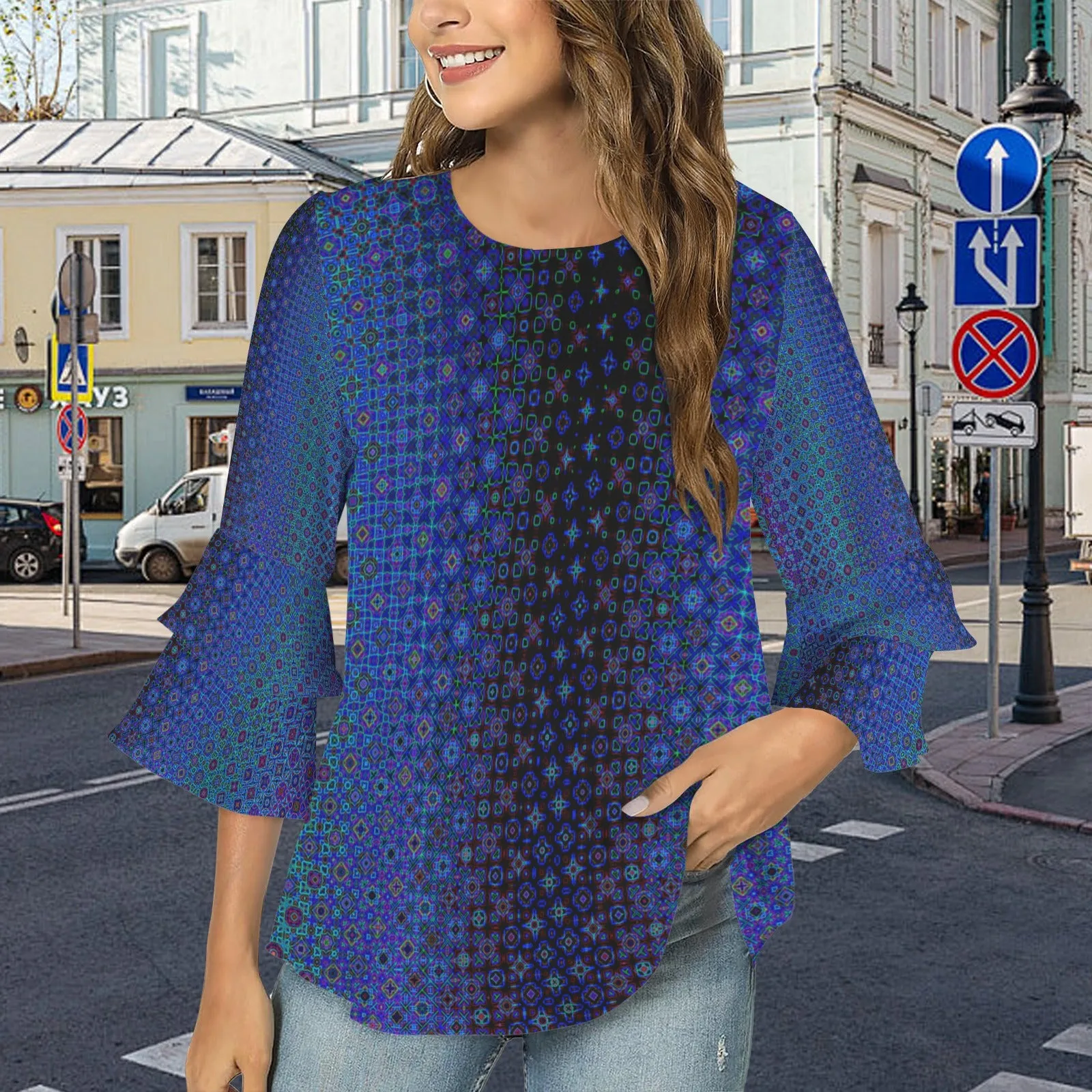 Layered Flare Sleeve Blouse Blue Lights