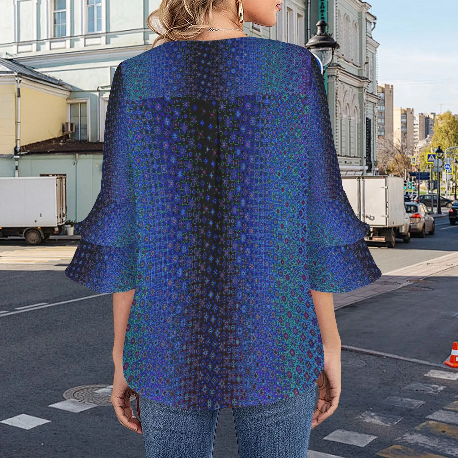 Layered Flare Sleeve Blouse Blue Lights