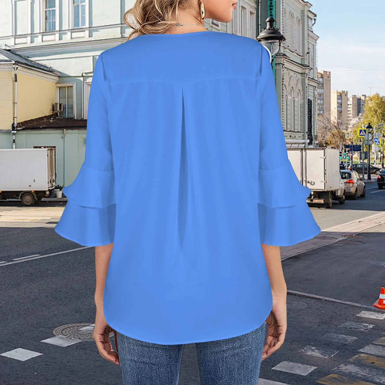 Layered Flare Sleeve Blouse Blue