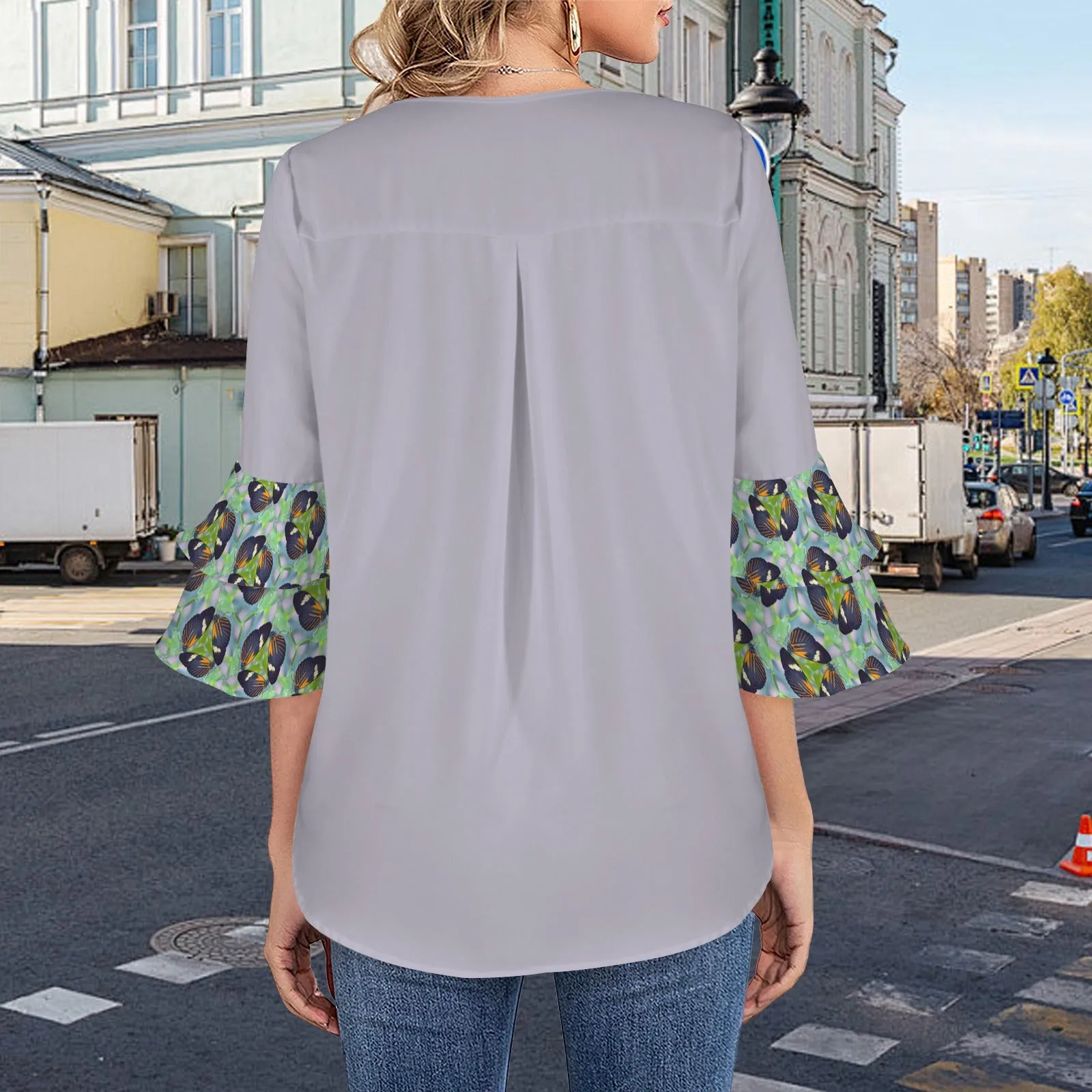 Layered Flare Sleeve Blouse Butterflies Lavendar
