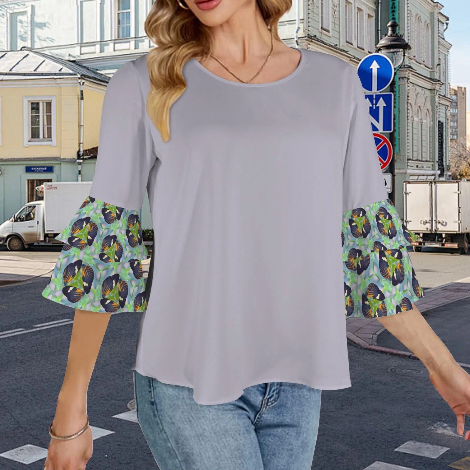 Layered Flare Sleeve Blouse Butterflies Lavendar