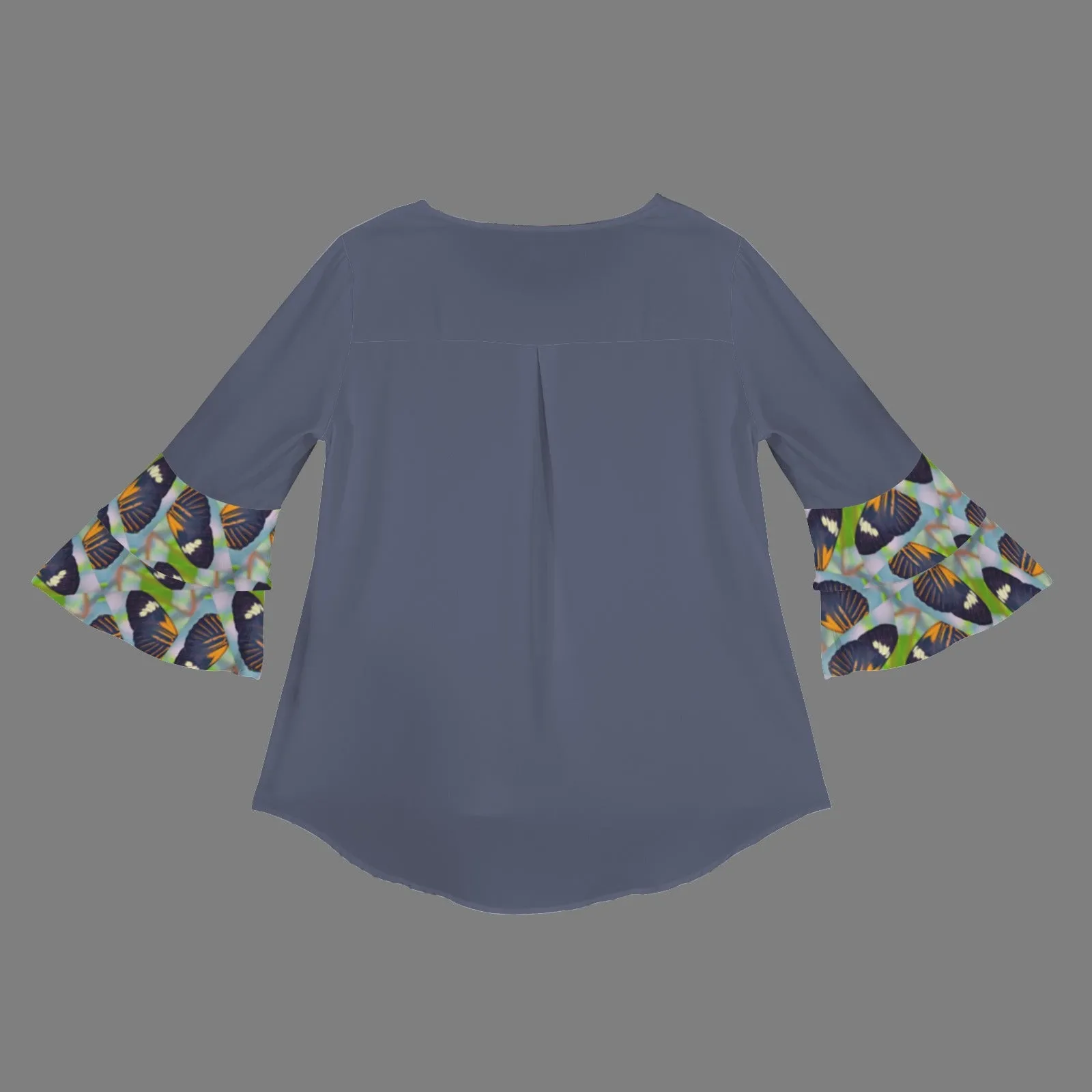 Layered Flare Sleeve Blouse Butterflies Smokey Blue