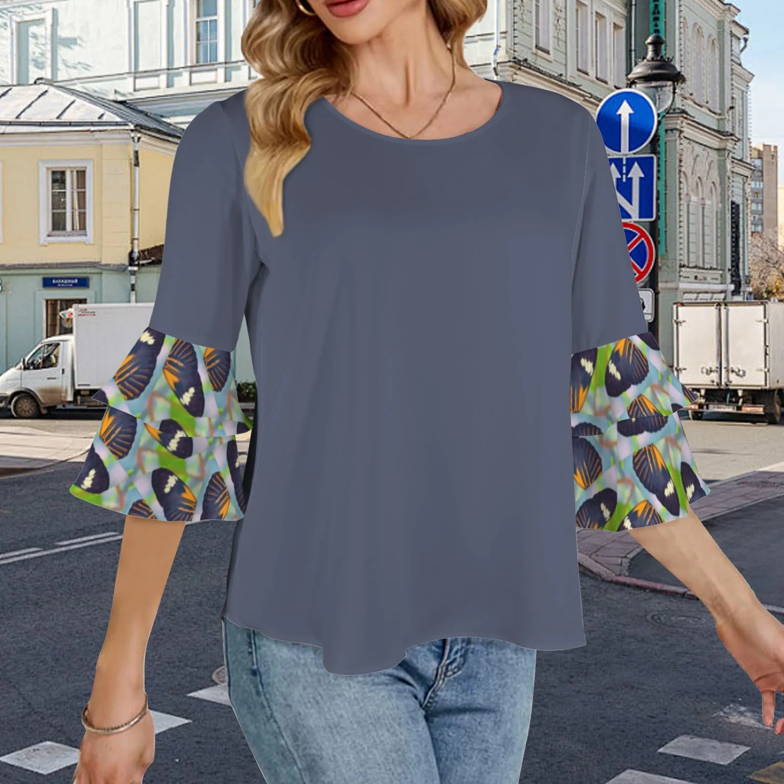 Layered Flare Sleeve Blouse Butterflies Smokey Blue