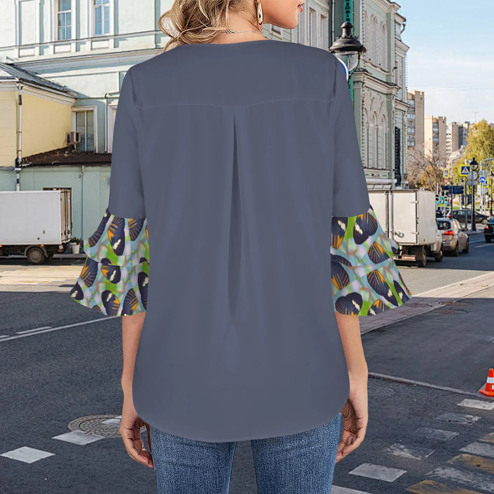 Layered Flare Sleeve Blouse Butterflies Smokey Blue