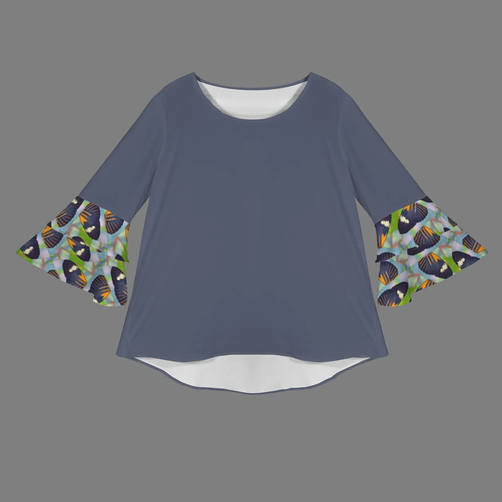 Layered Flare Sleeve Blouse Butterflies Smokey Blue