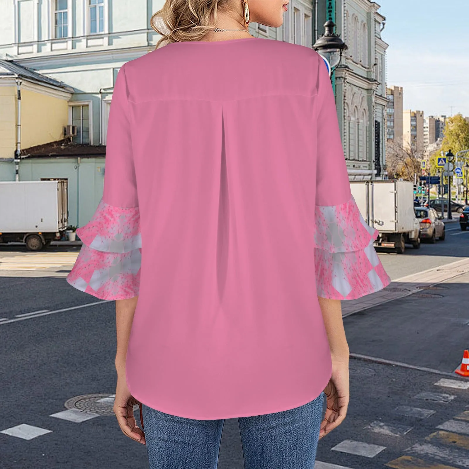 Layered Flare Sleeve Blouse Butterfly Balm Pink and Gray